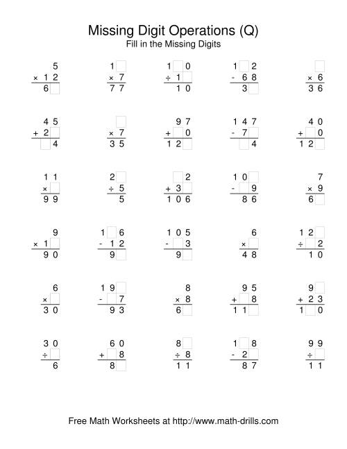 The All Operations with Missing Digits (Q) Math Worksheet