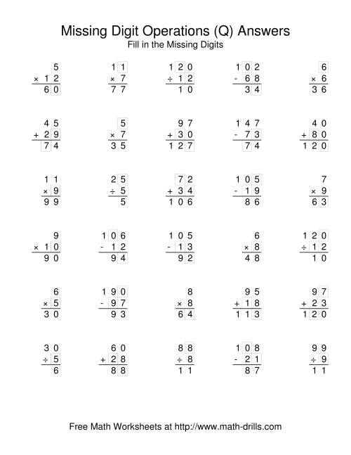 The All Operations with Missing Digits (Q) Math Worksheet Page 2