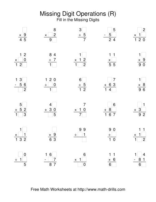 The All Operations with Missing Digits (R) Math Worksheet