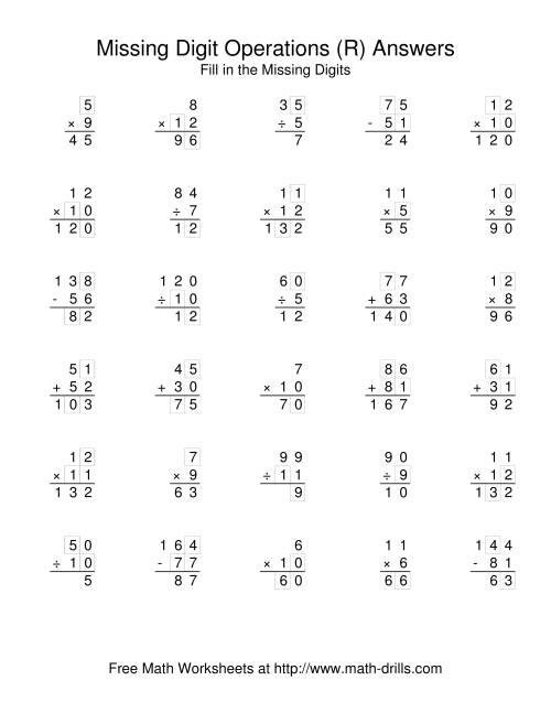 The All Operations with Missing Digits (R) Math Worksheet Page 2