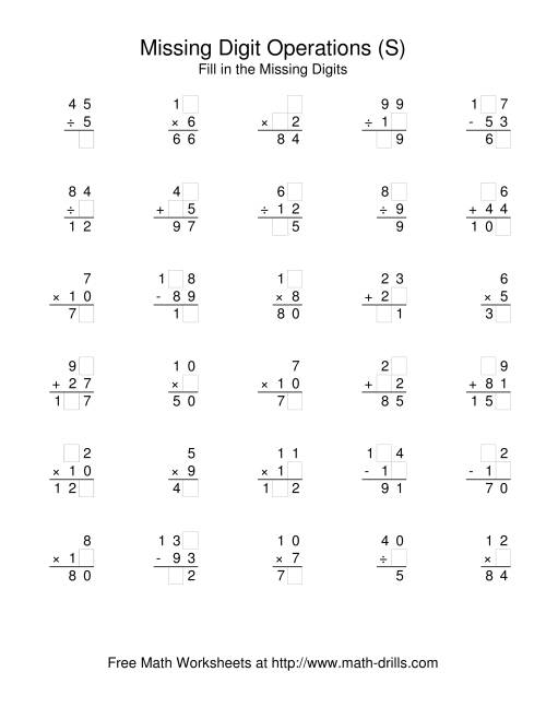 The All Operations with Missing Digits (S) Math Worksheet