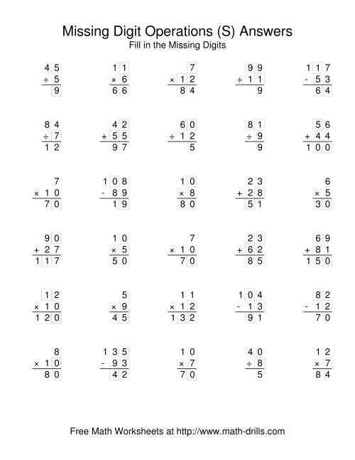 The All Operations with Missing Digits (S) Math Worksheet Page 2