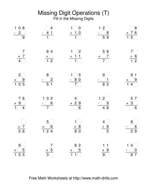 The All Operations with Missing Digits (T) Math Worksheet