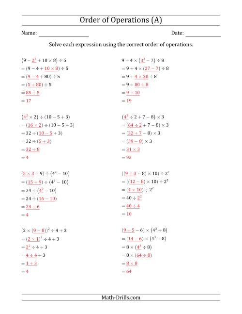 The Order of Operations with Whole Numbers (Five Steps) (A) Math Worksheet Page 2