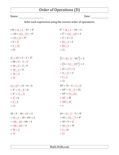 The Order of Operations with Whole Numbers (Five Steps) (D) Math Worksheet Page 2