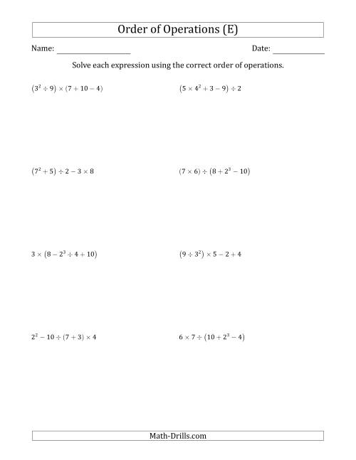 The Order of Operations with Whole Numbers (Five Steps) (E) Math Worksheet