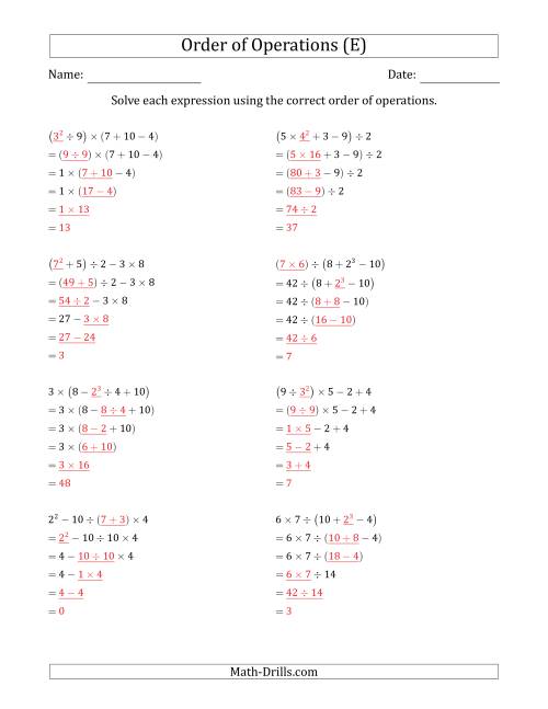 The Order of Operations with Whole Numbers (Five Steps) (E) Math Worksheet Page 2