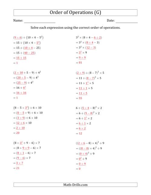 The Order of Operations with Whole Numbers (Five Steps) (G) Math Worksheet Page 2