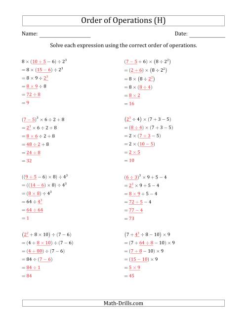 The Order of Operations with Whole Numbers (Five Steps) (H) Math Worksheet Page 2