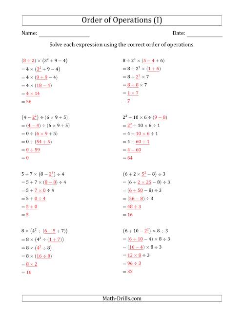 The Order of Operations with Whole Numbers (Five Steps) (I) Math Worksheet Page 2