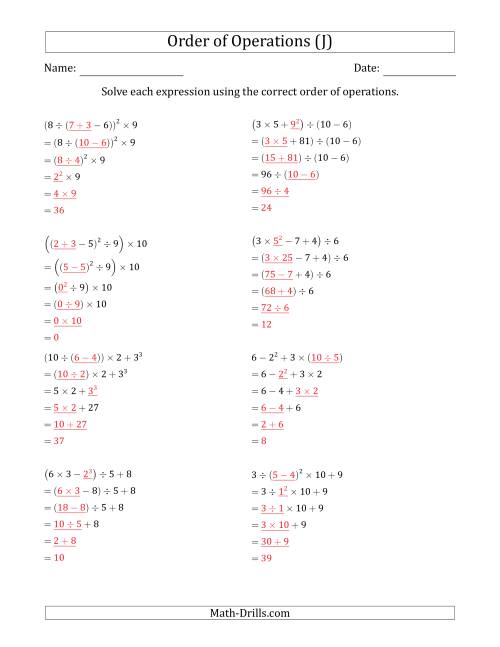 The Order of Operations with Whole Numbers (Five Steps) (J) Math Worksheet Page 2