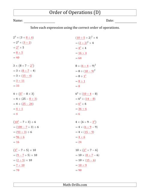 The Order of Operations with Whole Numbers (Four Steps) (D) Math Worksheet Page 2