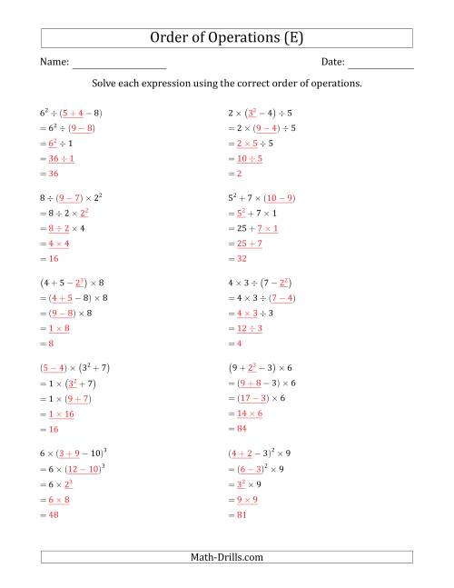 The Order of Operations with Whole Numbers (Four Steps) (E) Math Worksheet Page 2