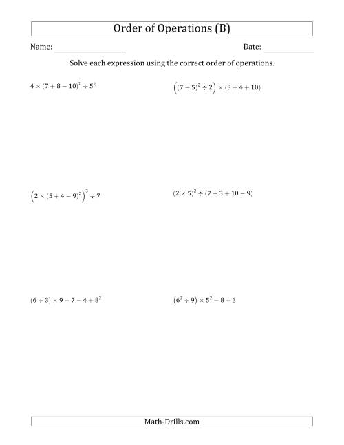 The Order of Operations with Whole Numbers (Six Steps) (B) Math Worksheet