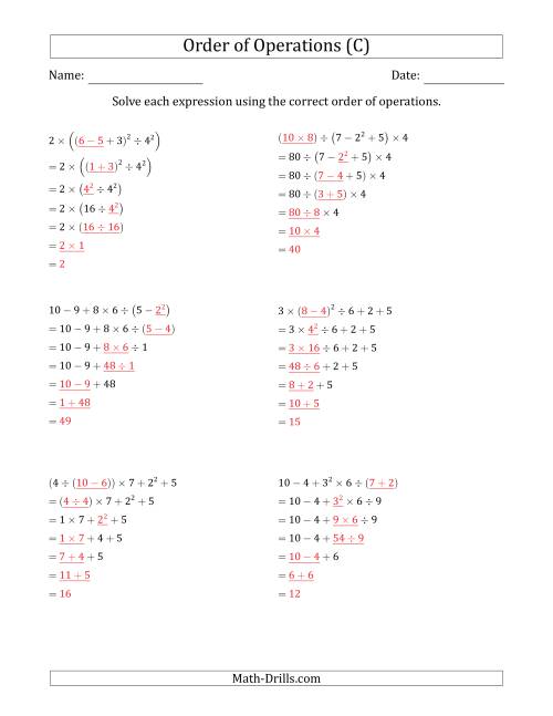 The Order of Operations with Whole Numbers (Six Steps) (C) Math Worksheet Page 2