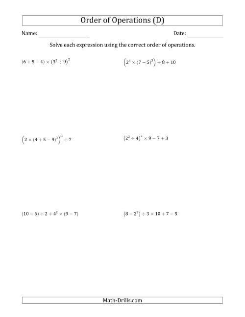 The Order of Operations with Whole Numbers (Six Steps) (D) Math Worksheet