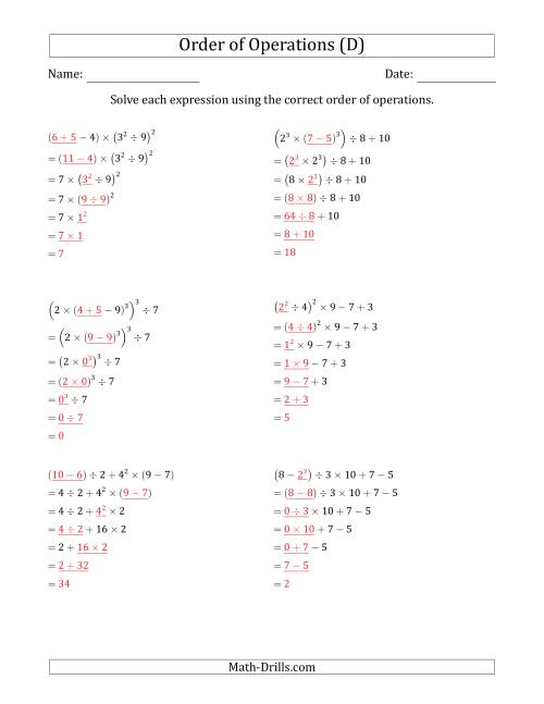 The Order of Operations with Whole Numbers (Six Steps) (D) Math Worksheet Page 2