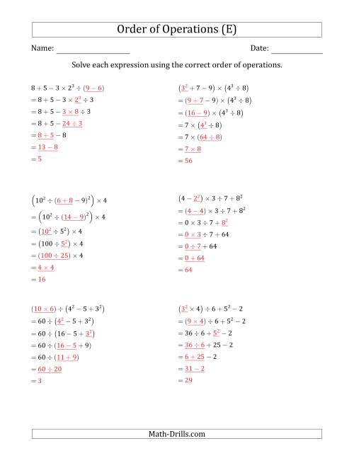 The Order of Operations with Whole Numbers (Six Steps) (E) Math Worksheet Page 2