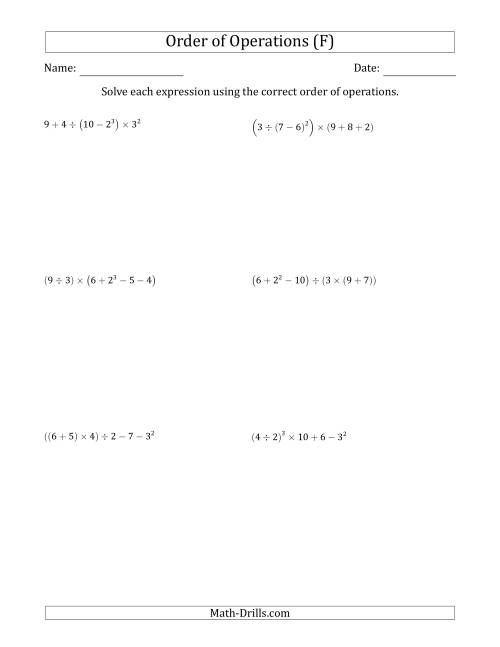 The Order of Operations with Whole Numbers (Six Steps) (F) Math Worksheet