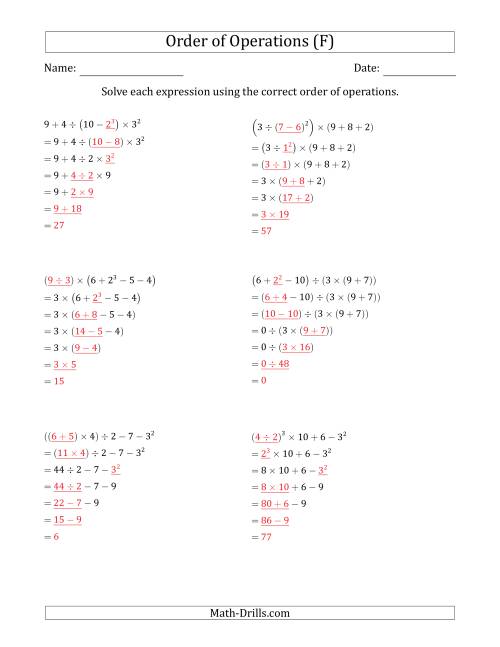 The Order of Operations with Whole Numbers (Six Steps) (F) Math Worksheet Page 2