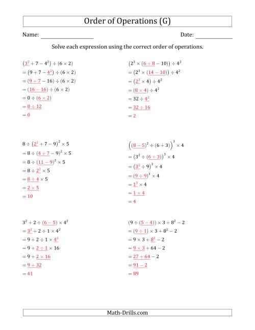The Order of Operations with Whole Numbers (Six Steps) (G) Math Worksheet Page 2