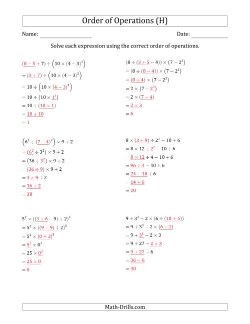 The Order of Operations with Whole Numbers (Six Steps) (H) Math Worksheet Page 2
