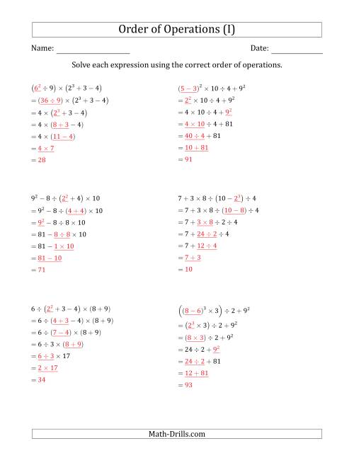 The Order of Operations with Whole Numbers (Six Steps) (I) Math Worksheet Page 2