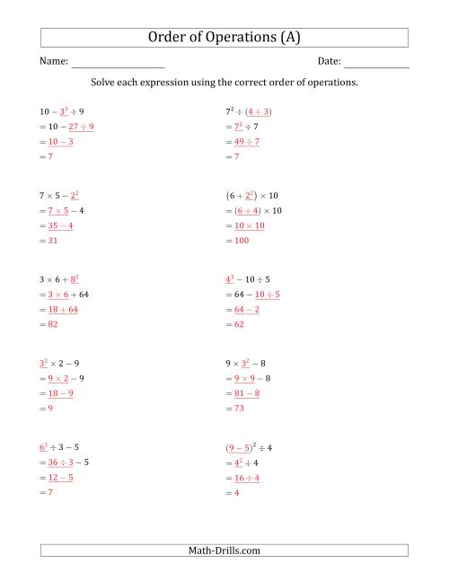 The Order of Operations with Whole Numbers (Three Steps) (A) Math Worksheet Page 2