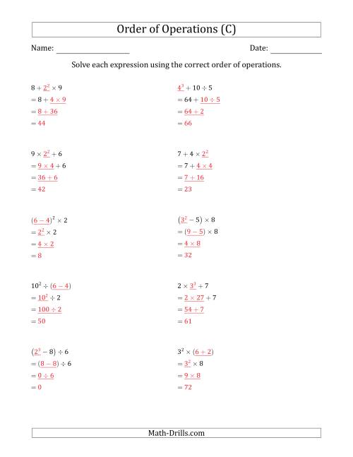 The Order of Operations with Whole Numbers (Three Steps) (C) Math Worksheet Page 2