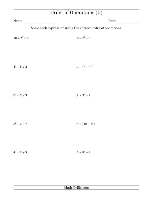 The Order of Operations with Whole Numbers (Three Steps) (G) Math Worksheet
