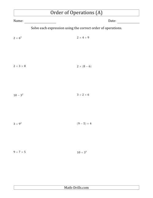 The Order of Operations with Whole Numbers (Two Steps) (A) Math Worksheet