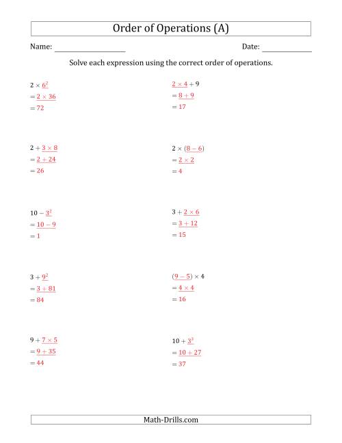 The Order of Operations with Whole Numbers (Two Steps) (A) Math Worksheet Page 2