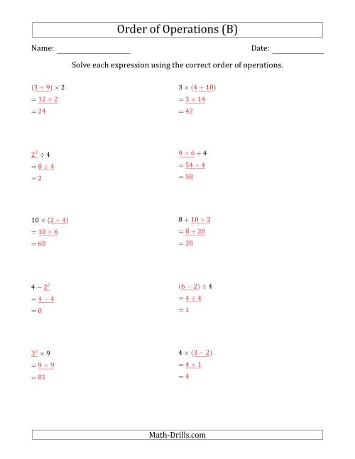 The Order of Operations with Whole Numbers (Two Steps) (B) Math Worksheet Page 2