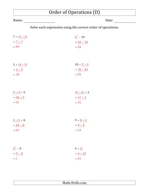 The Order of Operations with Whole Numbers (Two Steps) (D) Math Worksheet Page 2