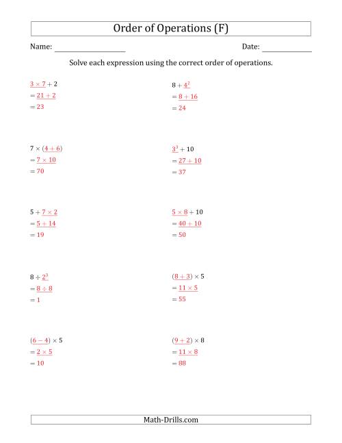 The Order of Operations with Whole Numbers (Two Steps) (F) Math Worksheet Page 2