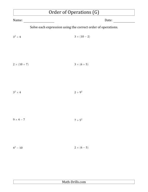 The Order of Operations with Whole Numbers (Two Steps) (G) Math Worksheet