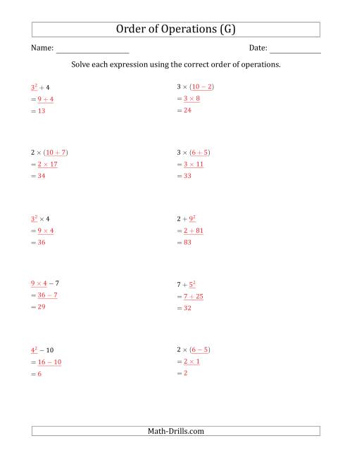 The Order of Operations with Whole Numbers (Two Steps) (G) Math Worksheet Page 2