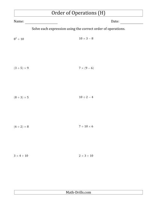 The Order of Operations with Whole Numbers (Two Steps) (H) Math Worksheet