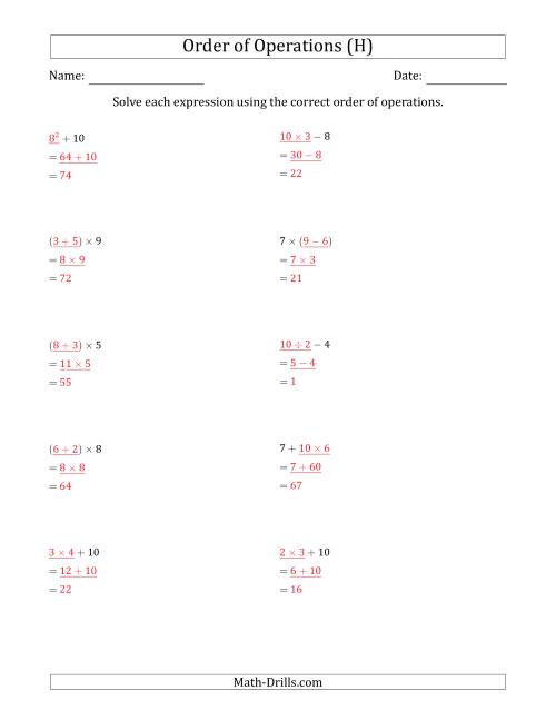 The Order of Operations with Whole Numbers (Two Steps) (H) Math Worksheet Page 2