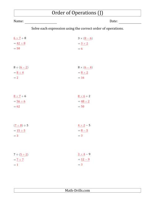 The Order of Operations with Whole Numbers (Two Steps) (J) Math Worksheet Page 2
