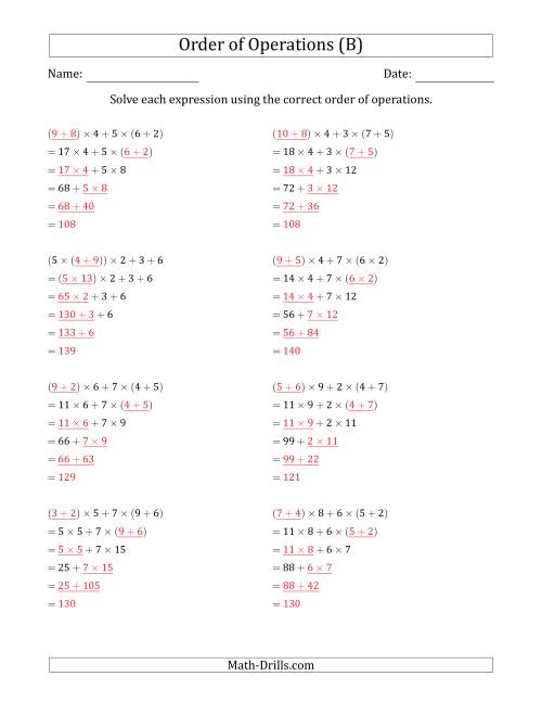 The Order of Operations with Whole Numbers Multiplication and Addition Only (Five Steps) (B) Math Worksheet Page 2