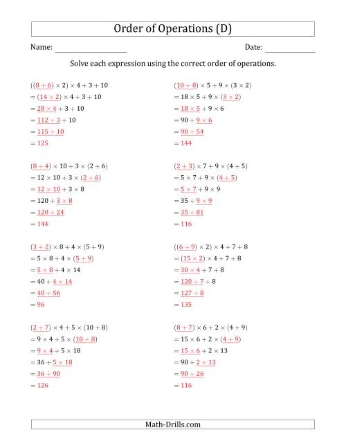The Order of Operations with Whole Numbers Multiplication and Addition Only (Five Steps) (D) Math Worksheet Page 2