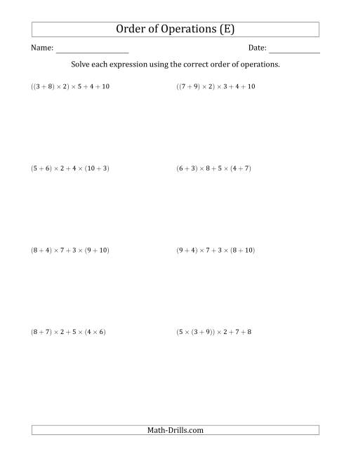The Order of Operations with Whole Numbers Multiplication and Addition Only (Five Steps) (E) Math Worksheet