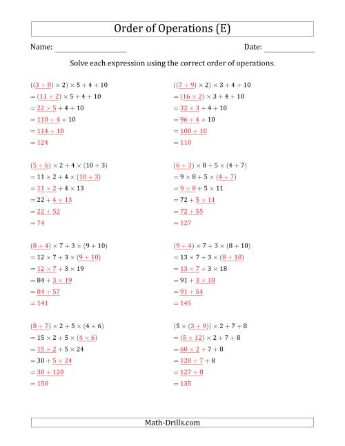 The Order of Operations with Whole Numbers Multiplication and Addition Only (Five Steps) (E) Math Worksheet Page 2