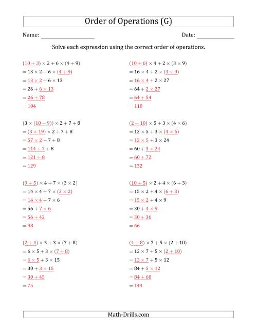 The Order of Operations with Whole Numbers Multiplication and Addition Only (Five Steps) (G) Math Worksheet Page 2