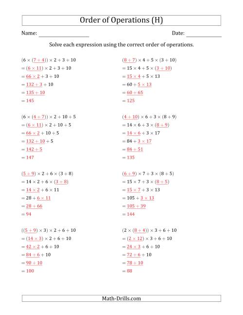 The Order of Operations with Whole Numbers Multiplication and Addition Only (Five Steps) (H) Math Worksheet Page 2