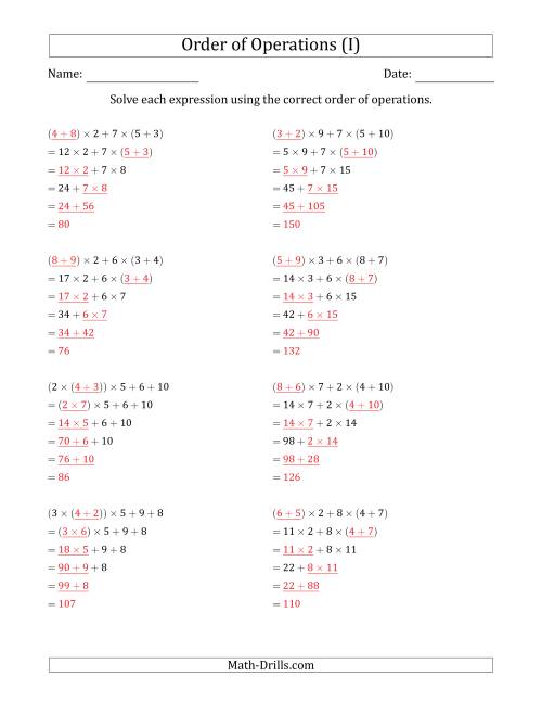 The Order of Operations with Whole Numbers Multiplication and Addition Only (Five Steps) (I) Math Worksheet Page 2