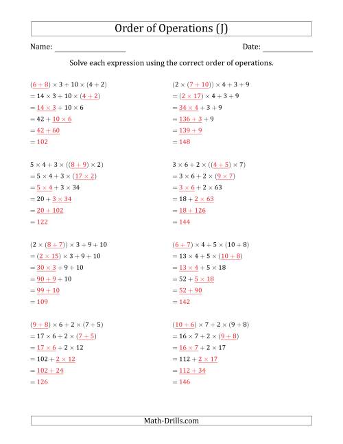 The Order of Operations with Whole Numbers Multiplication and Addition Only (Five Steps) (J) Math Worksheet Page 2