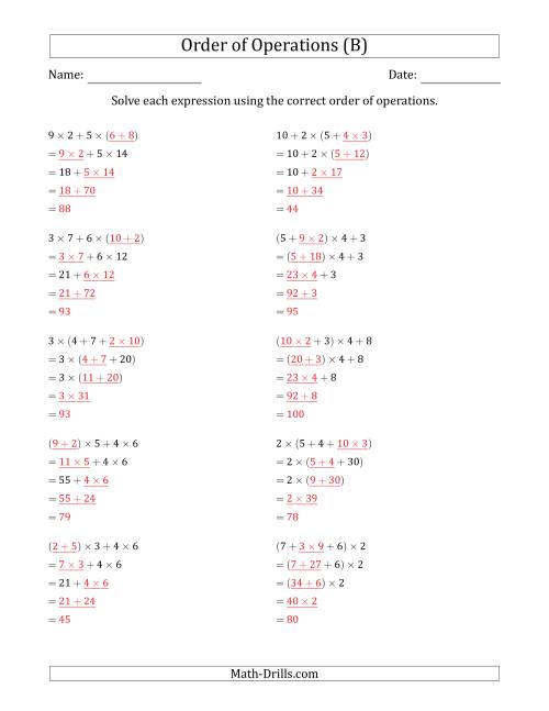 The Order of Operations with Whole Numbers Multiplication and Addition Only (Four Steps) (B) Math Worksheet Page 2