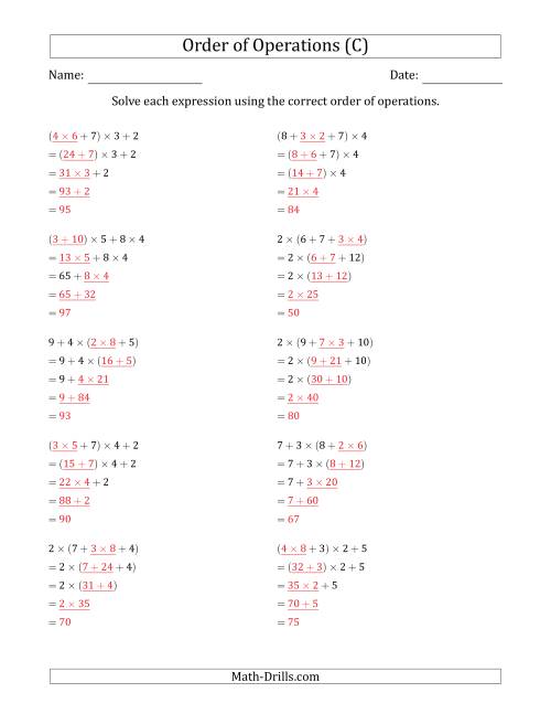 The Order of Operations with Whole Numbers Multiplication and Addition Only (Four Steps) (C) Math Worksheet Page 2